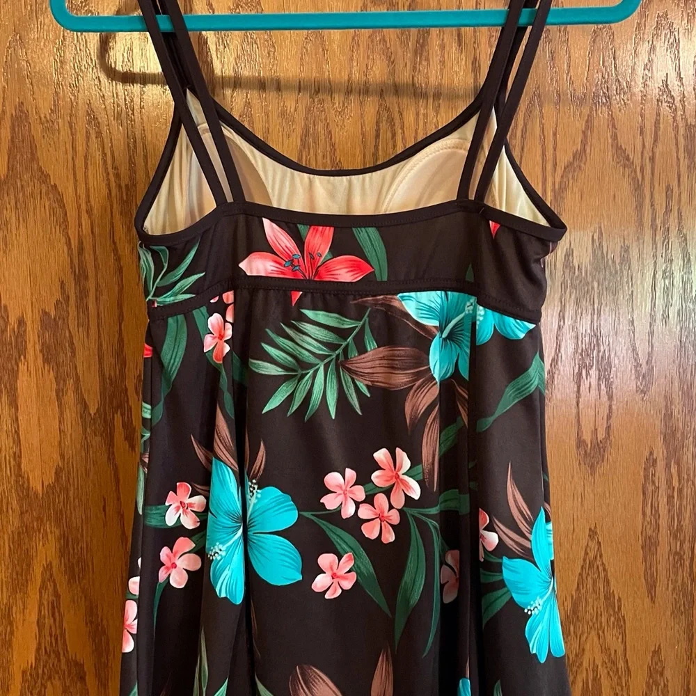 Floral Brown Swim Dress with Pink and Blue Accents Size 16 - Picture 2 of 8